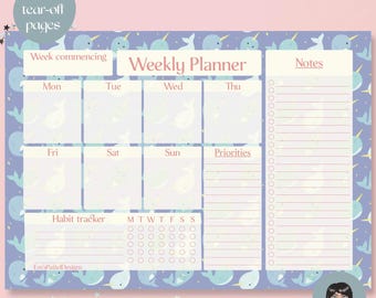 May include: A weekly planner with a narwhal pattern background. The planner includes sections for each day of the week, a habit tracker, and a notes section. The text "Weekly Planner" is at the top. The planner has 52 tear-off pages.