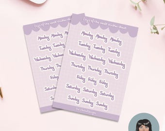 May include: Two sticker sheets with the days of the week printed in a handwritten style. The stickers are light purple with a grid pattern and the text "Days of the week sticker sheet" at the top. The days of the week are written in a light purple script font.