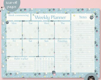 May include: A light blue weekly planner with a repeating pattern of black and white cartoon characters. The planner includes sections for each day of the week, a habit tracker, and a notes section. The text "Weekly Planner" is at the top.
