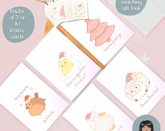 Cute animals Christmas card bundle | Pack of 5 or 10 cards, pastel A5, festive puns, blank inside, soft kawaii aesthetic, Japanese anime