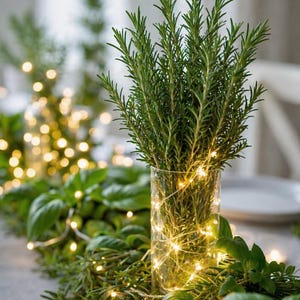 May include: A clear glass vase filled with fresh rosemary, illuminated by string lights. The vase sits on a bed of greenery, with additional string lights and blurred background lights. A simple, elegant centerpiece for a table setting.