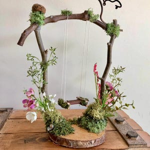 Twilight Garden Fairy Swing | Moss & Blossom Miniature Scene with Acorn Detail | Handcrafted Woodland Fairy Furniture | Whimsical Gift
