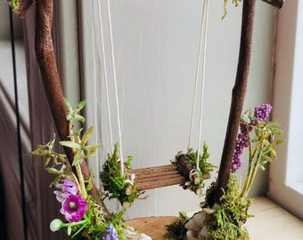 Columpio de hadas de lavanda / Decoración rústica de jardín con ramas, piedras preciosas y musgo