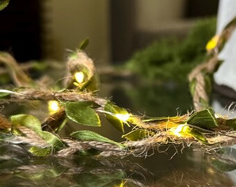 Green Leaf and Braided Jute Fairy Lights, Warm White, Battery Operated Strand 6.5”, Faux Moss Accent to Hide Battery Case.
