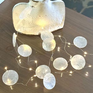 May include: A decorative string of lights with small, round, iridescent shell-like ornaments. The lights are warm white and are draped on a dark brown surface. A beige ceramic vase is in the background.