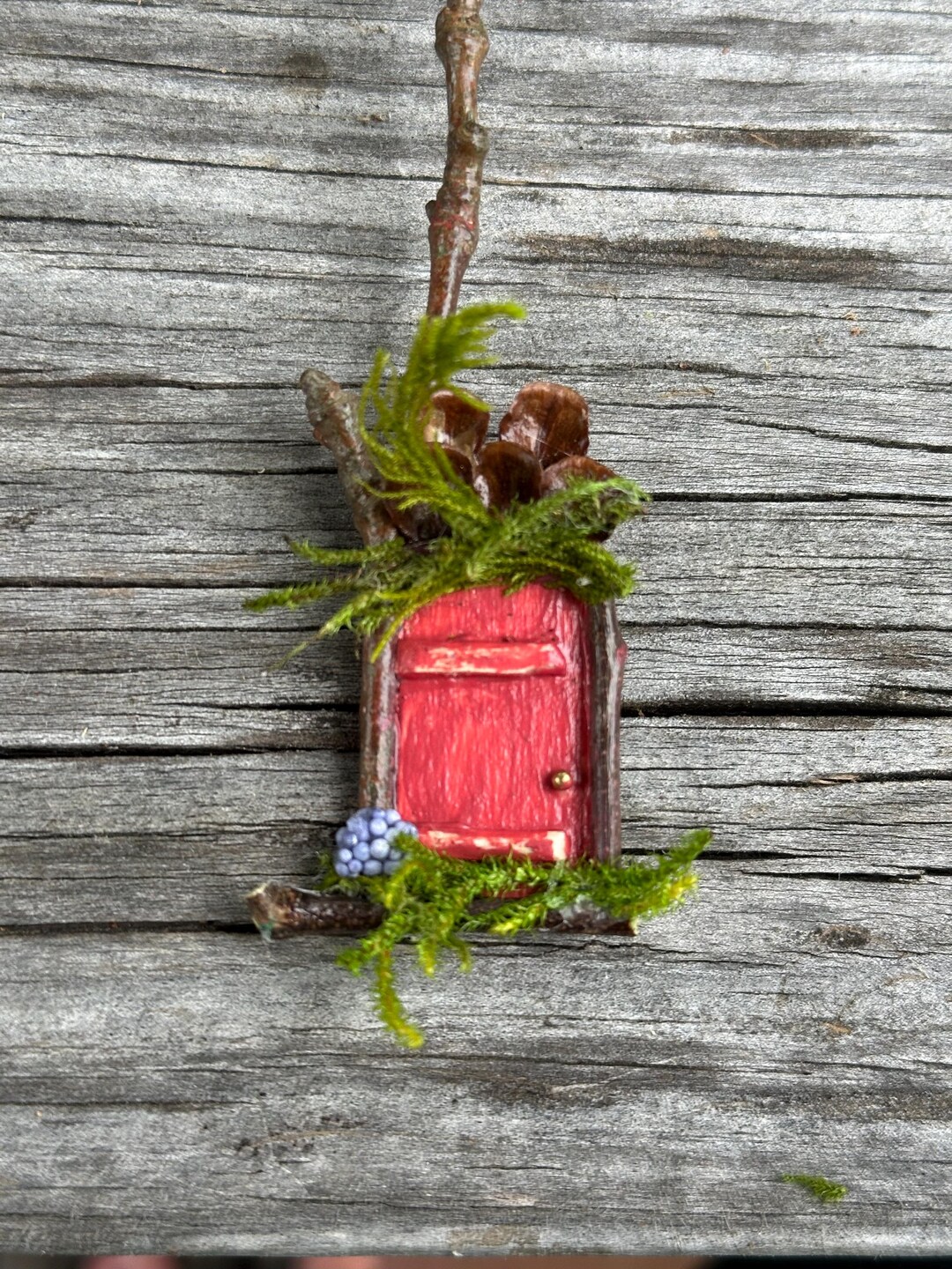Handmade Miniature Red Fairy Door | Moss & Pinecone Garden Decor - Etsy