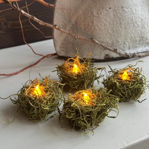 Moss Covered LED Candles, Tea-lights, Set of 4, Lush Moss, Enchanted Party, Weddings, Centerpieces, Woodland candles. *Battery included