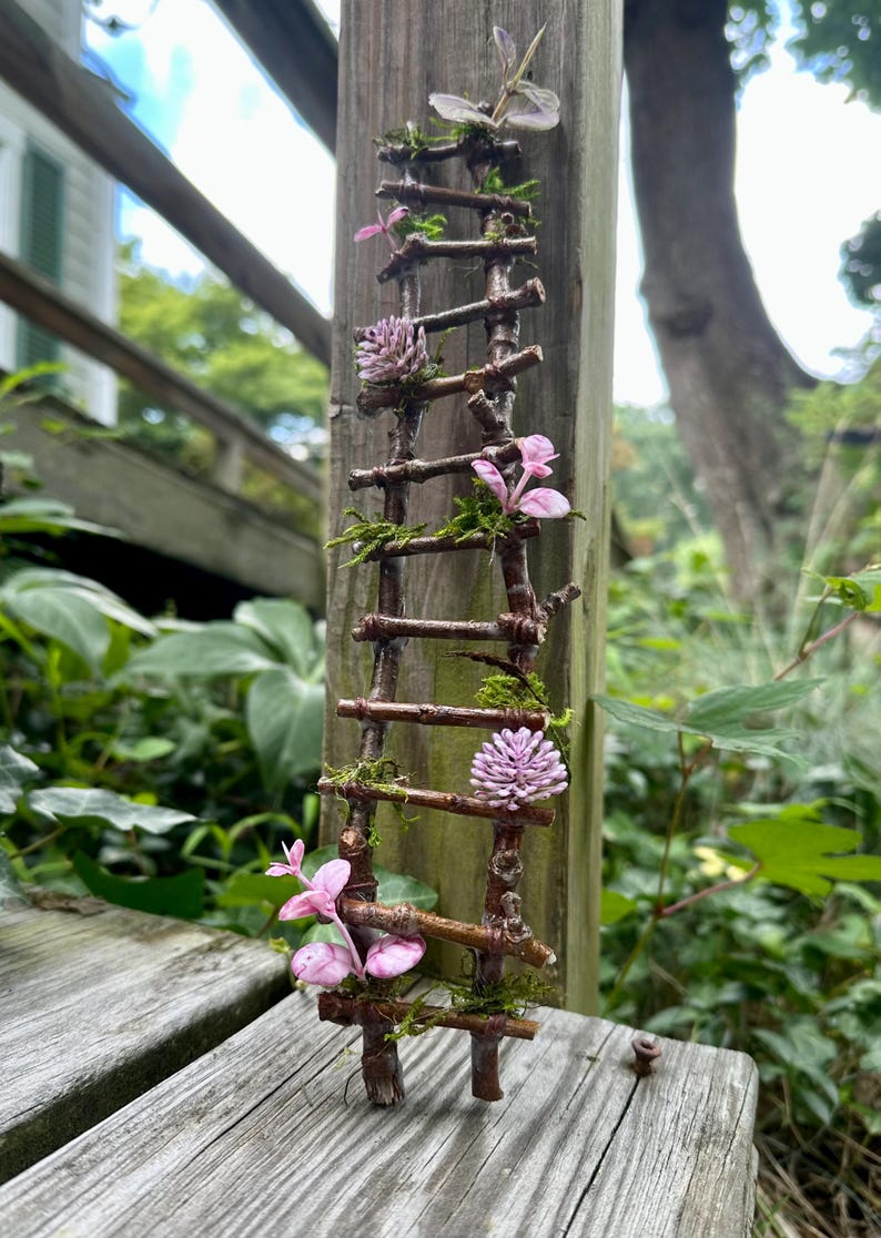 Handmade Twig Fairy Ladder, Floral Miniature Garden Accessory, 12