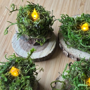 Moss Covered LED Candles, Tea-lights, Set of 4, Lush Forest Moss, Weddings, Shower Centerpiece, Woodland Party. *Batteries included