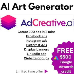 Puede incluir: Un icono superpuesto morado y rosa con el texto "AdCreative.ai" en rosa y blanco. El texto "Crea 200 anuncios en 2 minutos" está debajo del logotipo. Una lista de tipos de anuncios está debajo del texto, incluyendo anuncios de Facebook, anuncios de Instagram, anuncios de Pinterest, banners de visualización, anuncios de LinkedIn y ventanas emergentes del sitio web. Una estrella morada con el texto "GRATIS 500 € de crédito de Google AdWords" está en la esquina inferior derecha.