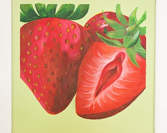 Strawberry | Original Acrylic Painting | Feminine Fruit Art | 8x8 Canvas