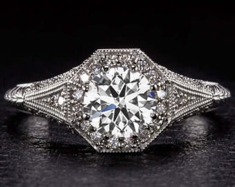 14k Weißgold 1 Karat Lab erstellte Diamant-Verlobungsring, Vintage-Stil Halo-Rundschliffring, IGI-zertifizierter Diamantring