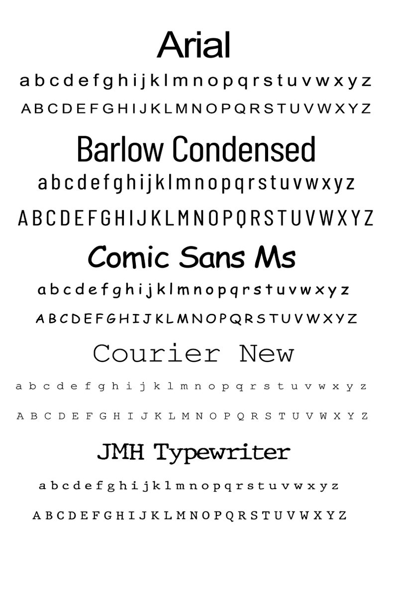 May include: A visual comparison of different font styles, including Arial, Barlow Condensed, Comic Sans MS, Courier New, and JMH Typewriter. Each font is displayed in lowercase and uppercase letters.