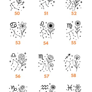 May include: A chart showing the astrological signs and their corresponding flowers. The signs are represented by their symbols and constellations, while the flowers are depicted in a simple line drawing style. The chart is numbered from 50 to 61.