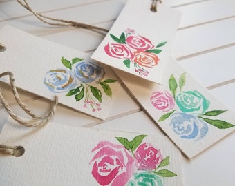 Watercolour gift tag rose series(NOT PRİNT), Set of 4 watercolour gift tags, handmade gift tags, Valentine's Day Card, Floral Gift Tag