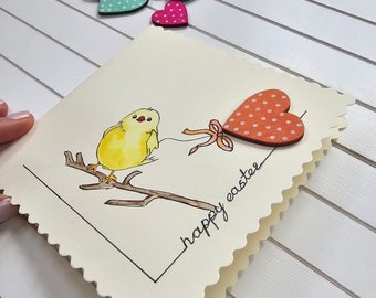 Hand made Easter Card with Wood Heart Detail (NOT PRINT), Watercolour Easter Card