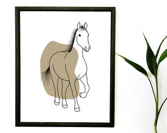 Horse Wall Art, Printable Farm Animal Line Drawing, Minimalist black white and pastel Decor, Modern Line Art, Brown Digital Nursery Print