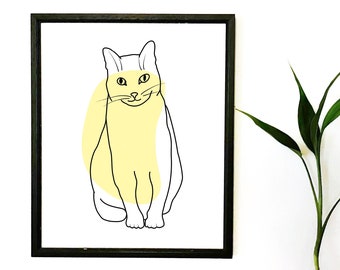 Cat Wall Art, Printable Animal Line Drawing, Minimalist black white and pastel Decor, Modern Line Art, Yellow Digital Print, Nursery Print