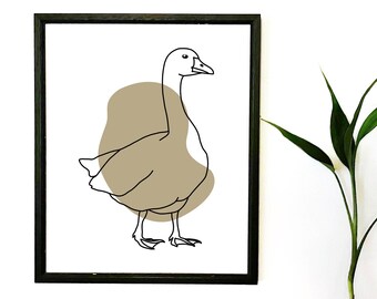 Goose Wall Art, Printable Farm Animal Line Drawing, Minimalist black white and pastel Decor, Modern Line Art, Brown Digital Nursery Print