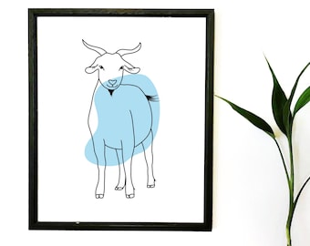 Goat Wall Art, Printable Farm Animal Line Drawing, Minimalist black white and pastel Decor, Modern Line Art, Blue Digital Nursery Print