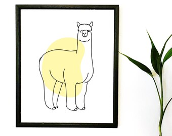 Alpaca Wall Art, Printable Farm Animal Line Drawing, Minimalist black white and pastel Decor, Modern Line Art, Yellow Digital Nursery Print