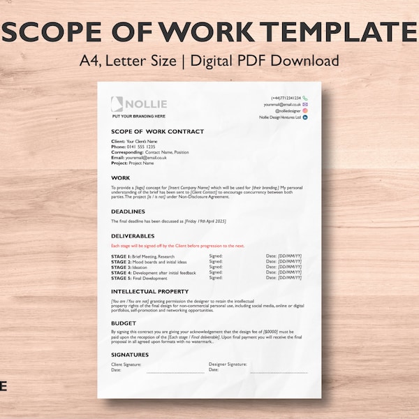 Scope of Work Contract Template, SOW Design Example, Procurement, Freelance Form, Design Management, Project Management, Statement of Work