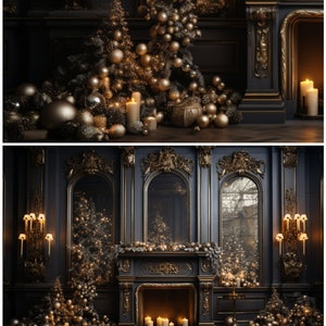 Fondo para fotografía navideña: Elegante escena de chimenea (descarga digital PNG)