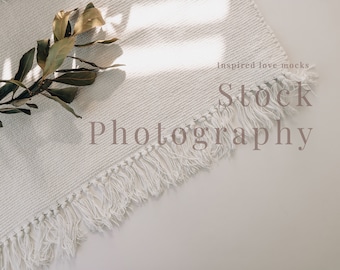 Flat lay mockup background, Neutral background, Mockup background photo, stock photo background, Olive branch on fabric background  M20