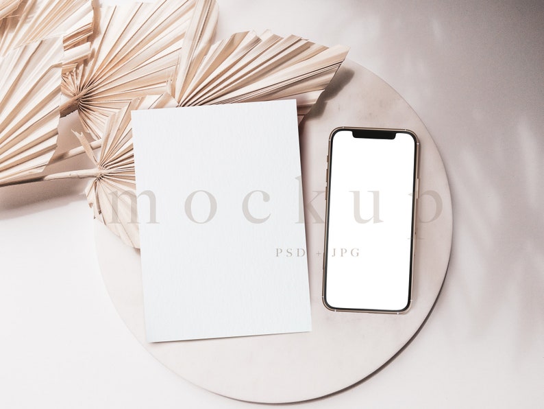 boho mockup with dried leaves and palms. Smartphone mockup, boho Invitation and 5x7 card mockup, Electronic invite mockup, digital invitation mockup, modern device mockup, mock up