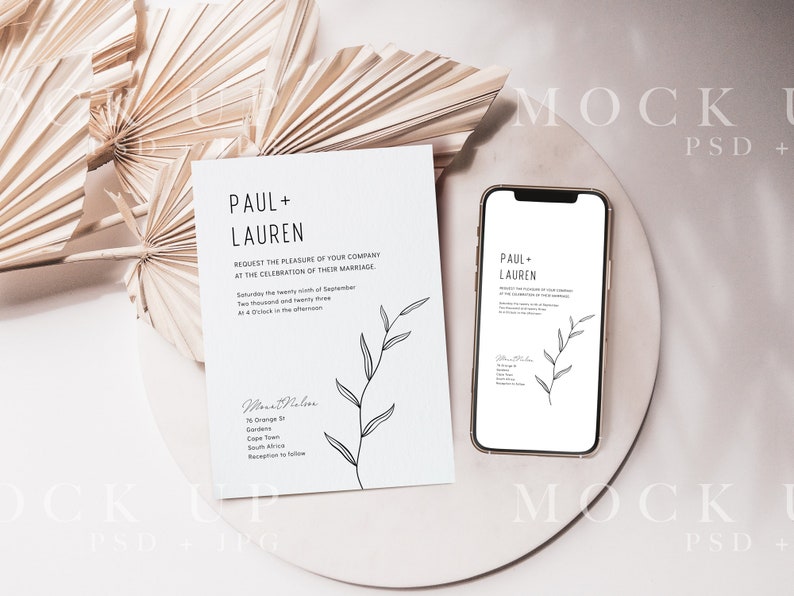 paper mockup with iphone mockup on a round plate with dry palm leaves, boho mockup with dried leaves and palms. Smartphone mockup, boho Invitation and 5x7 card mockup, Electronic invite mockup, digital invitation mockup, modern device mockup, mock up