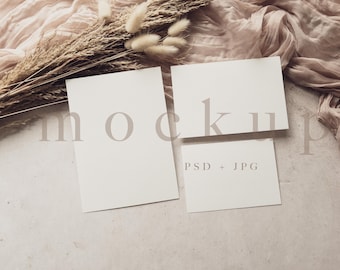 Hochzeitseinladungs-Set Mockup, Hochzeits-Briefpapier-Set Mockup, Boho 5x7 Antwortkarten Mockup mit Detailkarte, Elegantes Karten-Set mit Pampas
