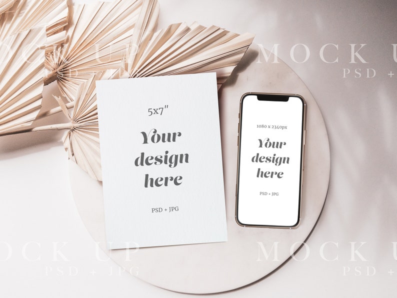 paper mockup with iphone mockup on a round plate with dry palm leaves, boho mockup with dried leaves and palms. Smartphone mockup, boho Invitation and 5x7 card mockup, Electronic invite mockup, digital invitation mockup, modern device mockup, mock up