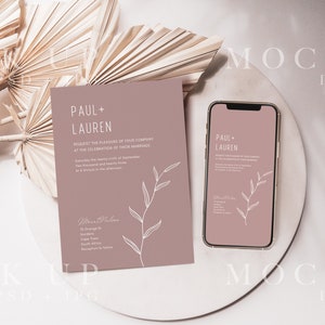 paper mockup with iphone mockup on a round plate with dry palm leaves, boho mockup with dried leaves and palms. Smartphone mockup, boho Invitation and 5x7 card mockup, Electronic invite mockup, digital invitation mockup, modern device mockup, mock up