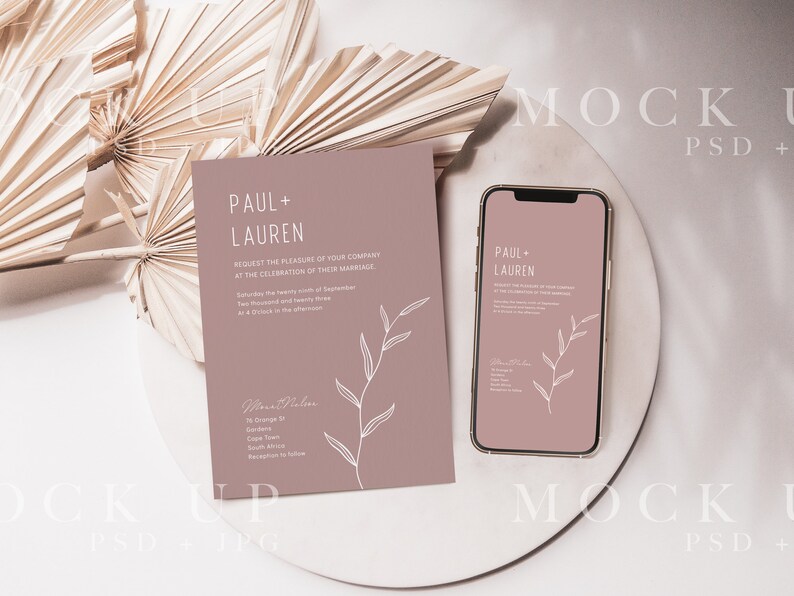paper mockup with iphone mockup on a round plate with dry palm leaves, boho mockup with dried leaves and palms. Smartphone mockup, boho Invitation and 5x7 card mockup, Electronic invite mockup, digital invitation mockup, modern device mockup, mock up