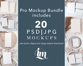 May include: A mockup bundle of 20 PSD and JPG files for creating product mockups. The bundle includes a variety of backgrounds and props, such as plates, wooden trays, and fabric. The text "Pro Mockup Bundle includes 20 PSD JPG MOCKUPS psd smart object and Jpeg instant download" is displayed on a blue background.