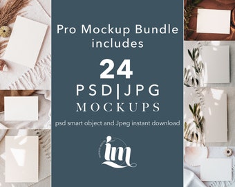 May include: A mockup bundle of 24 PSD and JPG files for creating product mockups. The text "Pro Mockup Bundle includes 24 PSD JPG MOCKUPS psd smart object and Jpeg instant download" is displayed on a blue background.
