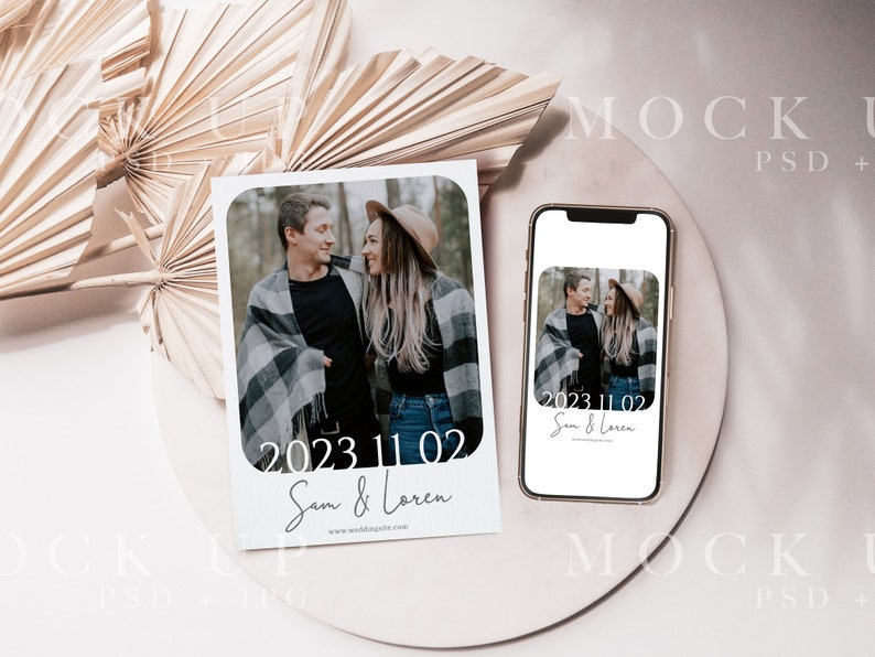 paper mockup with iphone mockup on a round plate with dry palm leaves, boho mockup with dried leaves and palms. Smartphone mockup, boho Invitation and 5x7 card mockup, Electronic invite mockup, digital invitation mockup, modern device mockup, mock up