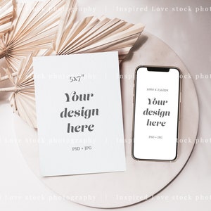 paper mockup with iphone mockup on a round plate with dry palm leaves, boho mockup with dried leaves and palms. Smartphone mockup, boho Invitation and 5x7 card mockup, Electronic invite mockup, digital invitation mockup, modern device mockup, mock up