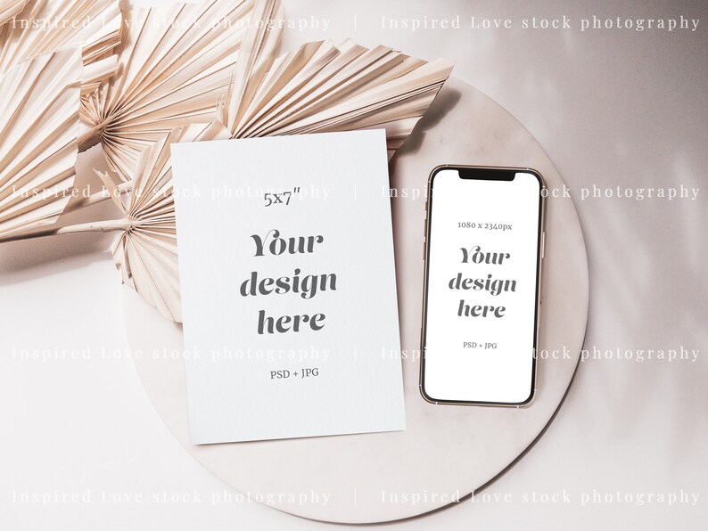 paper mockup with iphone mockup on a round plate with dry palm leaves, boho mockup with dried leaves and palms. Smartphone mockup, boho Invitation and 5x7 card mockup, Electronic invite mockup, digital invitation mockup, modern device mockup, mock up