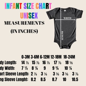 May include: Infant size chart with measurements in inches. The chart includes body length, body width, short sleeve length, and long sleeve length for sizes 0-3M to 18-24M. A gray onesie is shown with length and width indicators.