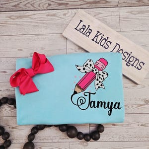 Personalized Pencil with Bow Embroidered Shirt for Kids | Custom Name Back to School Shirt | Girls First Day Outfit | Applique Tee