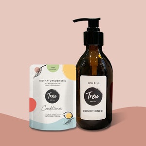 Organic conditioner natural cosmetics in powder form with refill glass bottle