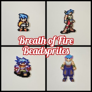 May include: Four pixel art bead sprites from the video game "Breath of Fire" are displayed. The characters have blue hair and are in various poses. The text "Breath of Fire Beadsprites" is in a red, cursive font.