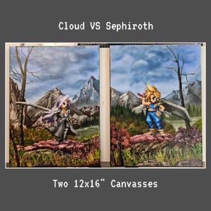 Cloud VS Sephiroth on two 12x16&quot; Canvas - Mini beads on Acrylic - Bob Ross Style Landscape - Mixed Media Collage Art - FFvii Final Fantasy 7