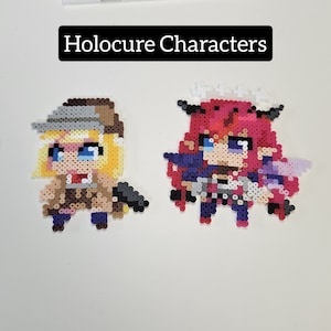 May include: Two pixel art characters made with colourful beads. The character on the left is a blonde woman wearing a brown hat and a brown coat. The character on the right is a red-haired woman with horns and a purple and white outfit. The text "HoloCure Characters" is at the top of the image.