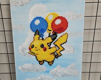 Pikachu with balloons on 9x12" Acrylic painted canvas - pixel art mixed media