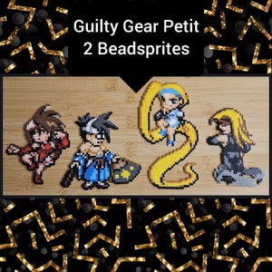 May include: Four pixel art characters from the video game Guilty Gear Petit 2, made with colorful beads. The characters are Sol Badguy, Ky Kiske, May, and Dizzy.