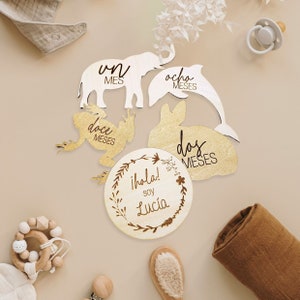 Tarjetas Cumple Mes Bebé Animales con Meses en Español Personalizado, Regalo Baby Shower Niño Niña, Detalle Recién Nacido Personalizable
