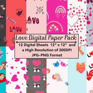 Valentine&#39;s Day Digital Papers, Love Digital Paper Pack,  Digital Scrapbook Paper, High Quality JPEG and PNG
