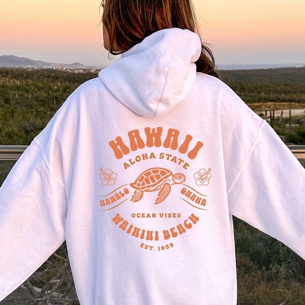 Waikiki Beach Shirt, Turtle Hoodie, Hawaii Aloha State Hooded Sweatshirt, Mahalo Ohana Longshirt, Oversized Backprint Hoodie, Ocean Vibes